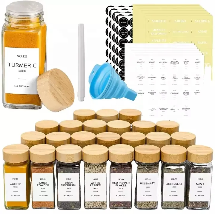 Hot Sale Canister Wood Lid Spice Jars Herb and Spice Containers Seasoning Bottles 4 oz square Glass Spice Jars with bamboo lid
