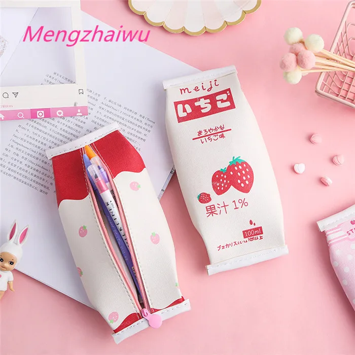 Japan kawaii school supplies list of stationery for kids girls sweet pink Strawberry cute zipper pencil case leather pen bag