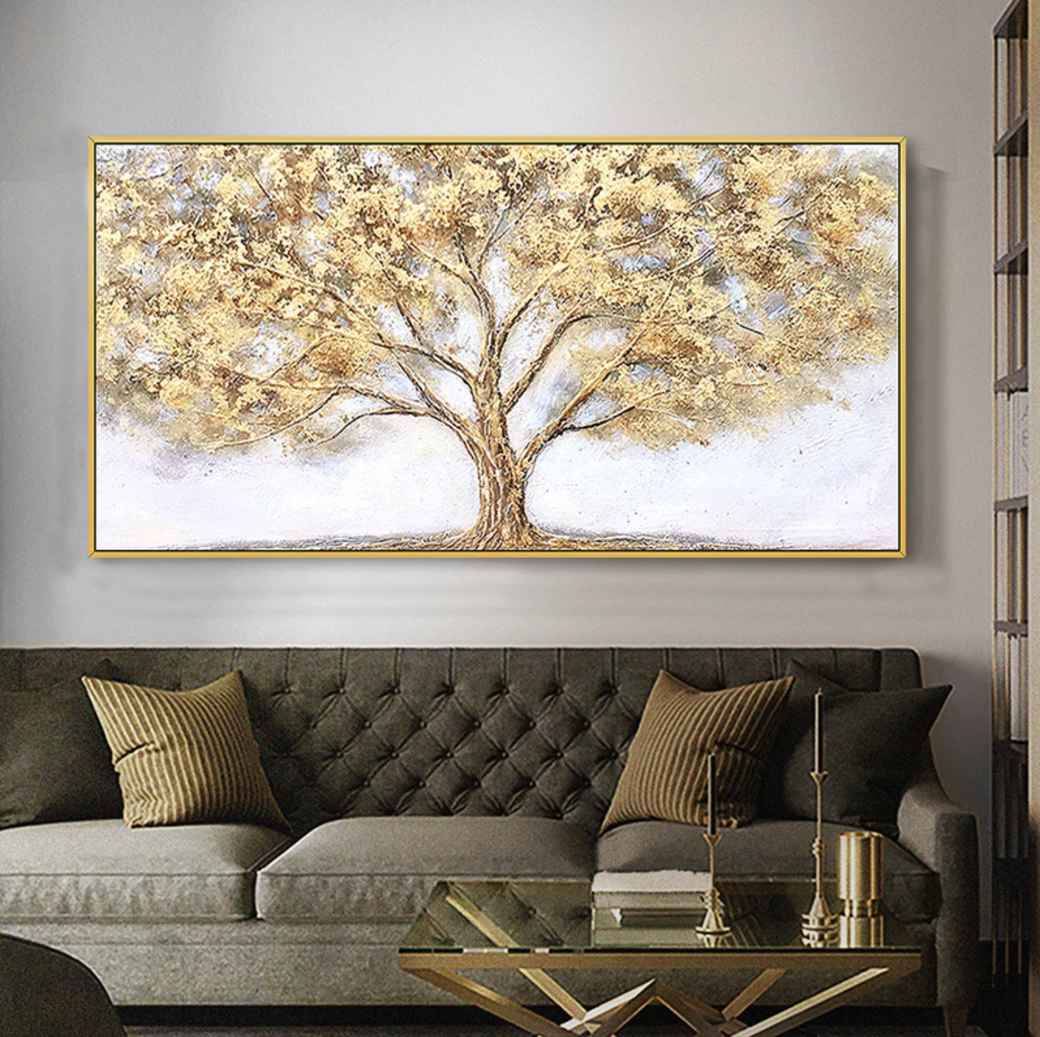 Handmade Wall Decorative Modern Abstract Canvas Tree Oil Painting with Retro Gold Frame