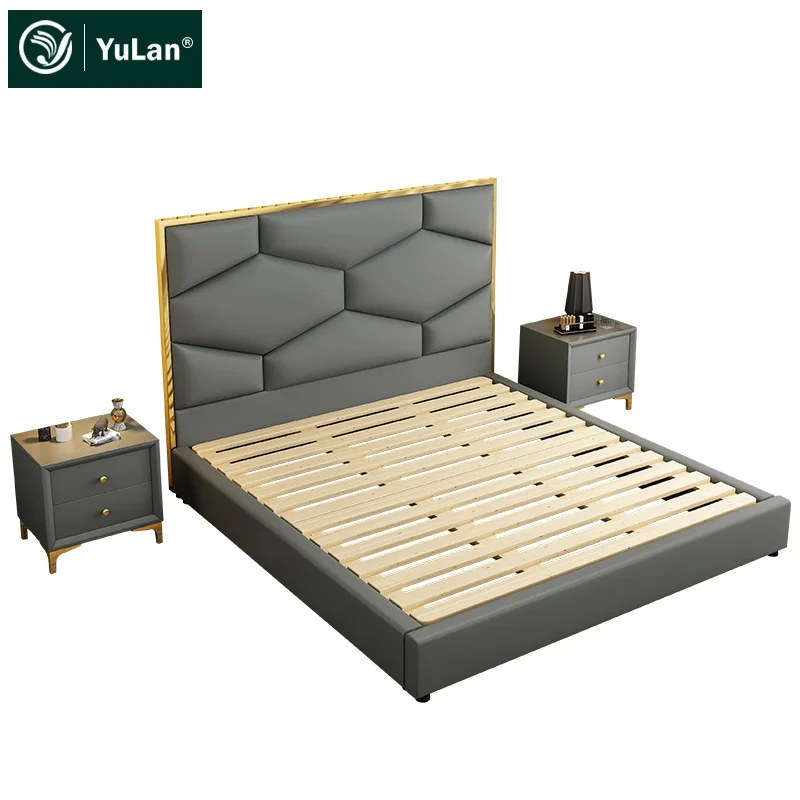High quality bedroom furniture luxury headboard gray Pu Storage latest modern double bed