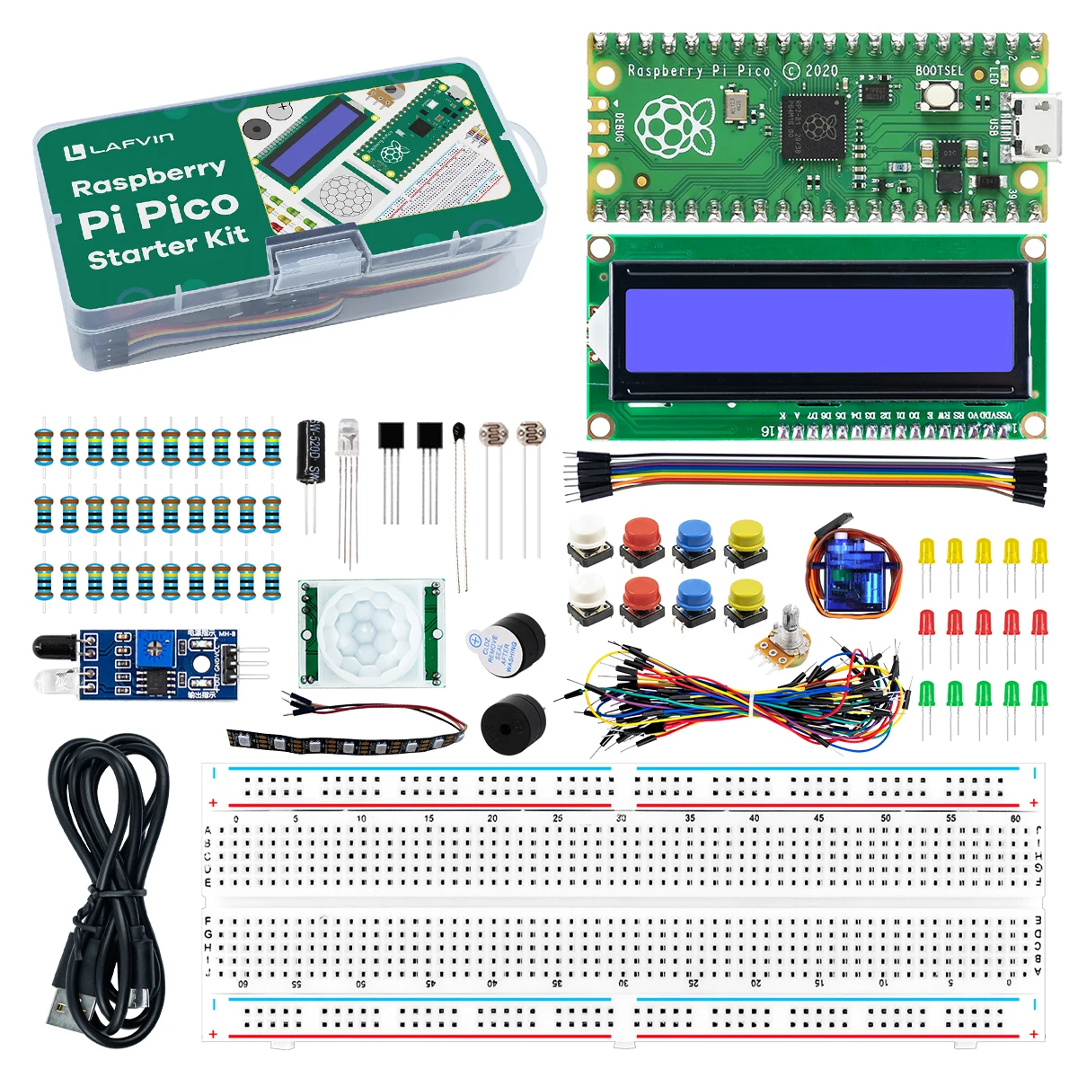 В комплект входит макетная плата I2C 1602 ЖК-дисплей модуль 9g Mirco сервопривод для Raspberry Pi Pico базовый стартовый