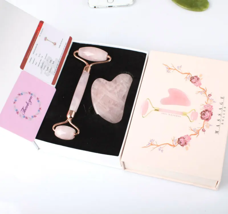  high quality custom box natura rose quartz pink 100% jade roller gua sha set for