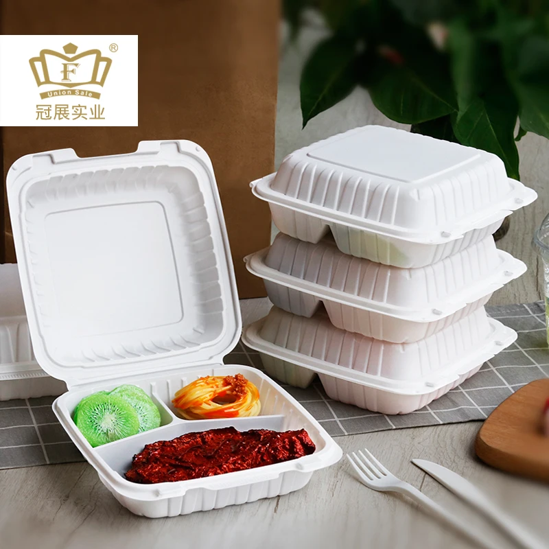To go food container for restaurant hinged lid lunch box mineral filled pp with 3 compartments microwave food packaging