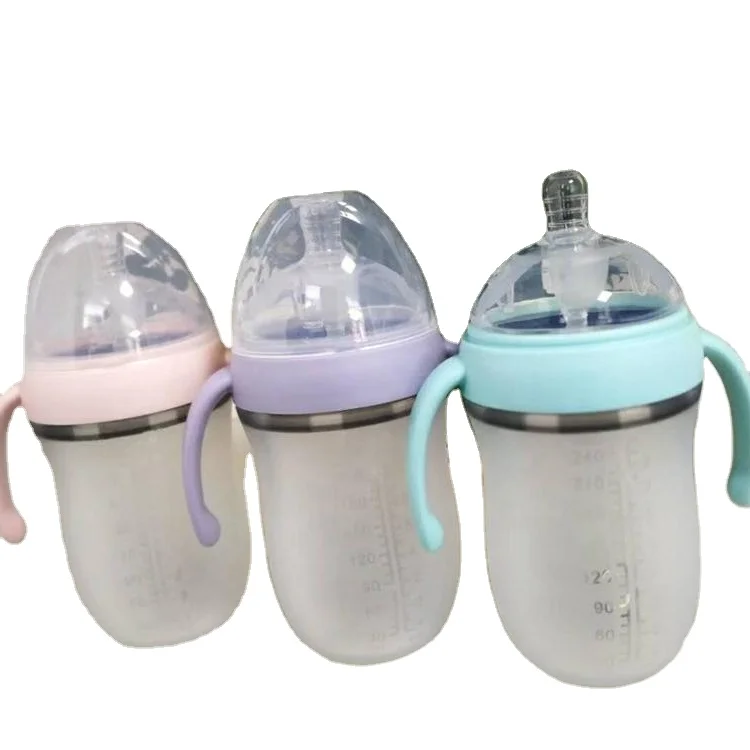 Wholesale Super Wide neck 260ml good quality Silicone Baby feeding nipple milk bottles with handle