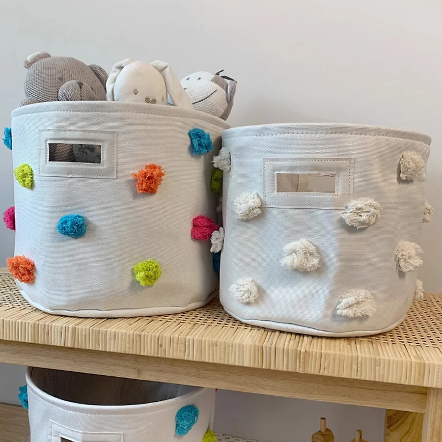 Cute Cotton Pompom Decor Children Toy Storage Bucket Knitted Laundry Basket Large Capacity Baby Toy Organizer
