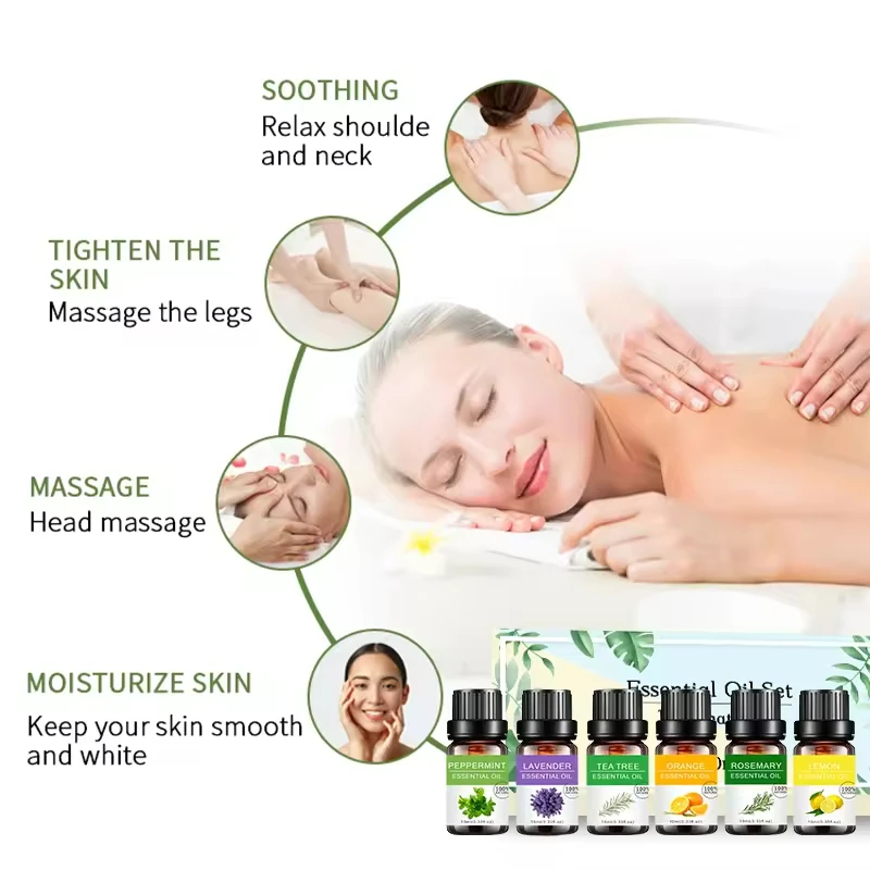 6 Set Essential Oil Gift Box With Essential oil 100 Pure Plant, Lavender, Tea Tree, Lemon, Sweet Orange, etc... (10mL)