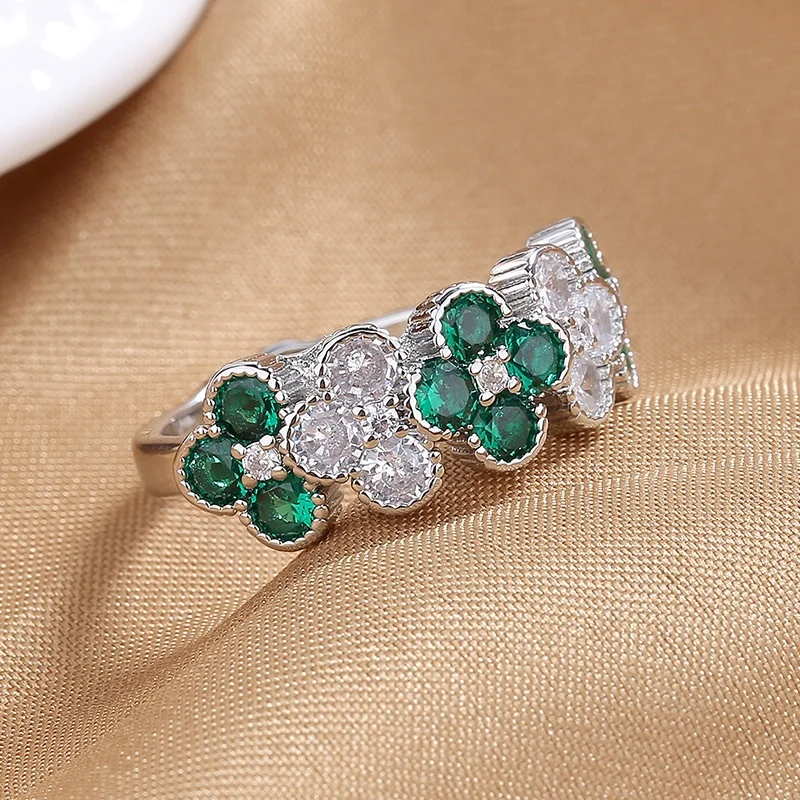 Light Luxury Crystal Silver Rings Micro Pave Diamond Emerald Ruby Rings For Women Party Wedding Jewelry