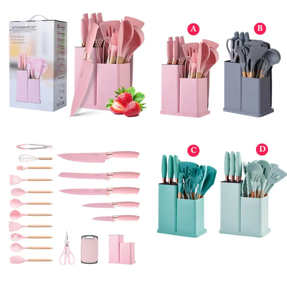 High Quality Wholesale 19Pcs Portable Camping Eco Friendly Kitchen Cooking Utensils Sets With Wooden Handle