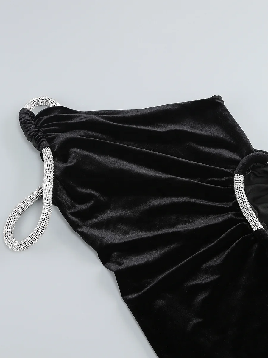 Wholesale Women Clothing Manufacturer Golden Velvet Sexy Black Banquet One Shoulder Elegant Long Gown Modest Evening Dress