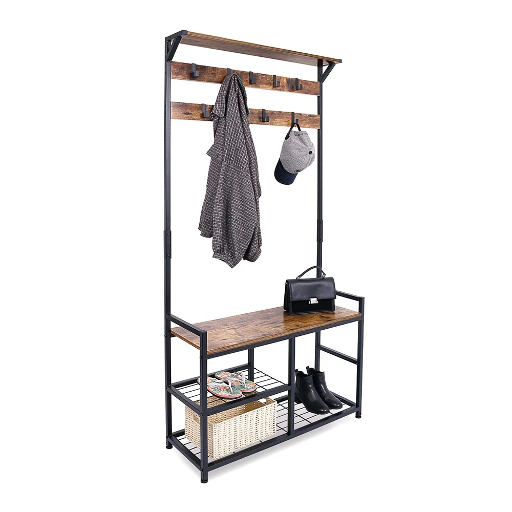 Entryway Organizer Modern Industrial Style Hall Tree Shoe Storage Bench Clothes Hat Coat Rack With Shoes Rack