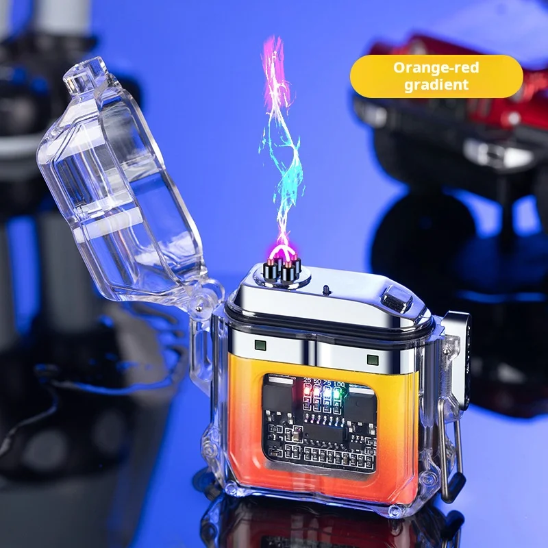 Waterproof Electronic Pulse Lighter with Transparent Case Windproof Outdoor Dual Arc Igniter