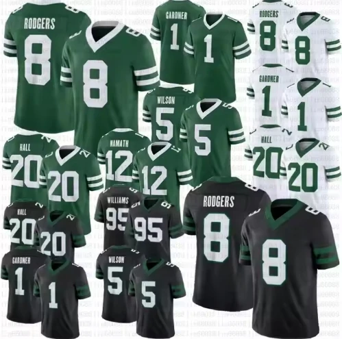 Прямая поставка 2024 возврат 8 Aaron Rodgers 5 Garrett Wilson 1 соус Гарднер 20 Breece Hall Джо-наматх футбольные майки