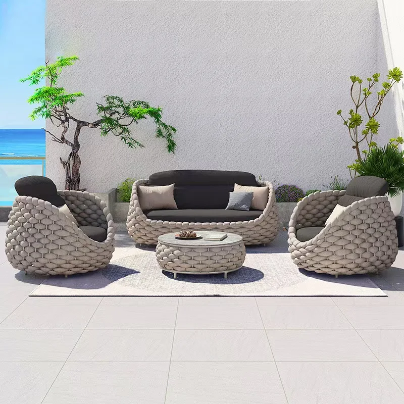 Outdoor Furniture Rattan Wicker Sofa Patio Luxury Design Waterproof Fabric Garden Rope Set