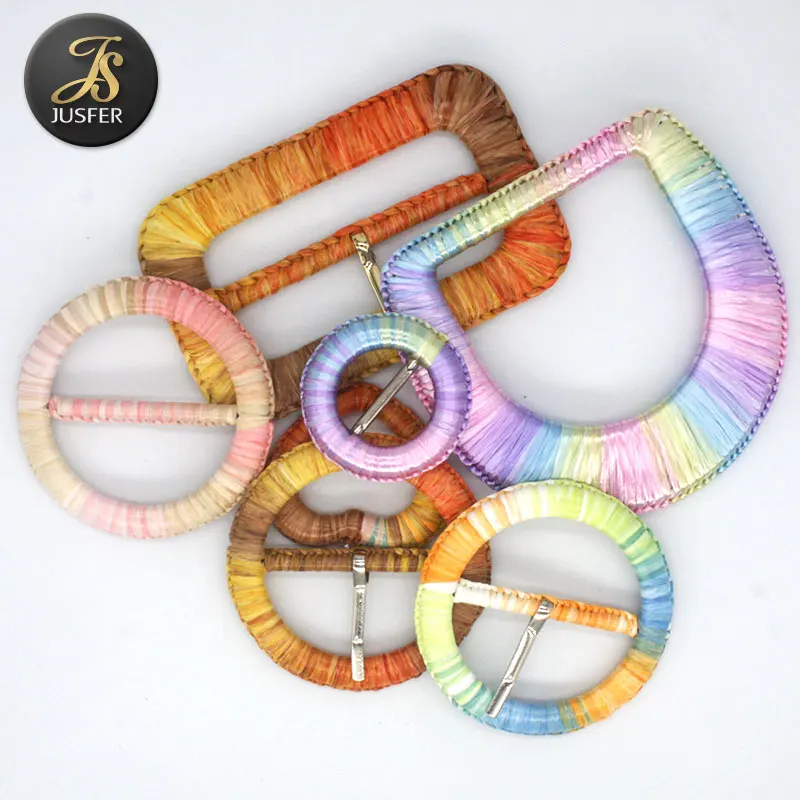 2023 New Design round raffia buckle metal hand weaving belt buckle with raffia