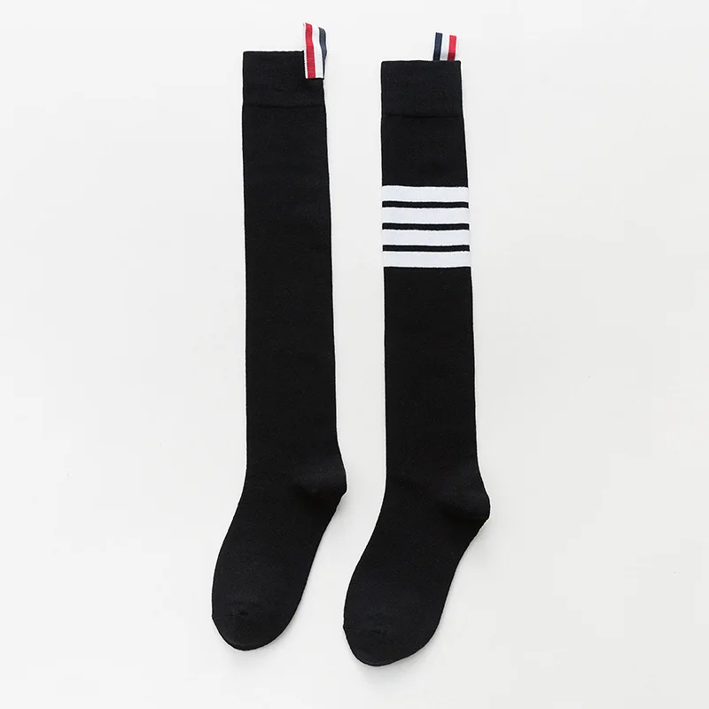 European and American fashion brand new four-bar gray mid-calf socks fashion elegant over-the-knee pure cotton stockings