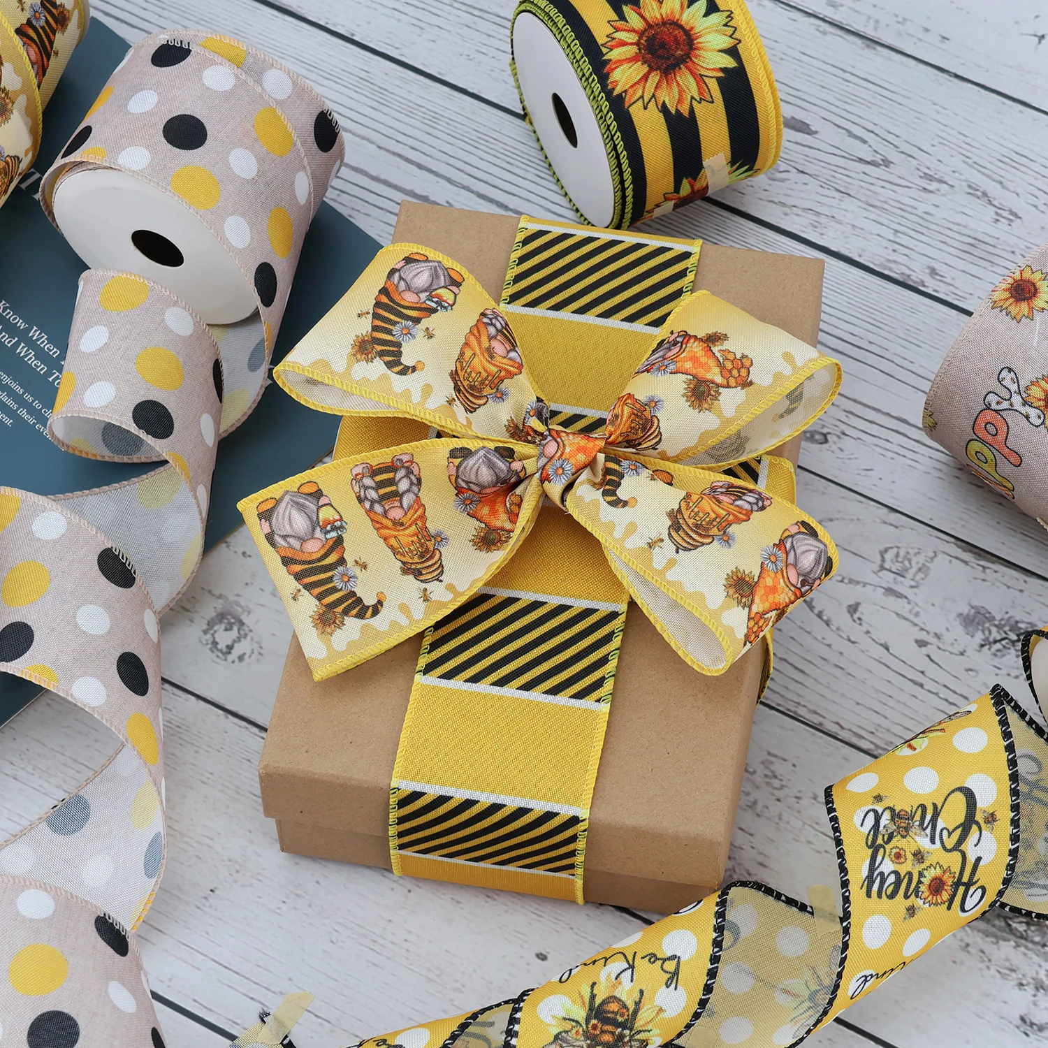 2.5 Inch Spring Summer Animals Ribbon Yellow Stripe Gingham Dot Honey Bee Wired Edge Ribbon For Wrapping Bows Gift Ornaments