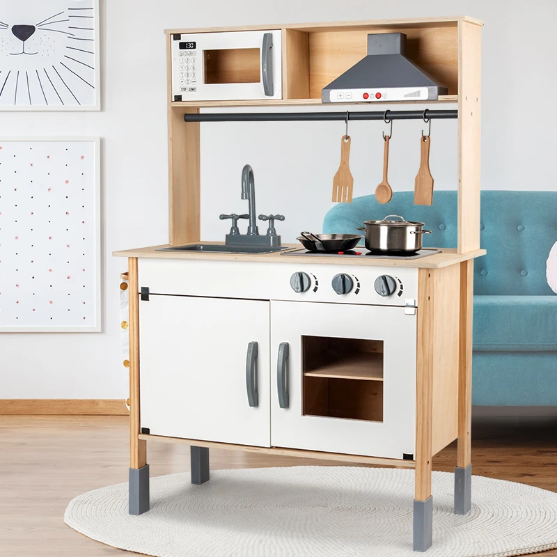 NUNUKIDS Newly released child large classic wooden kitchen toys play set electronic stove toy with light and sound