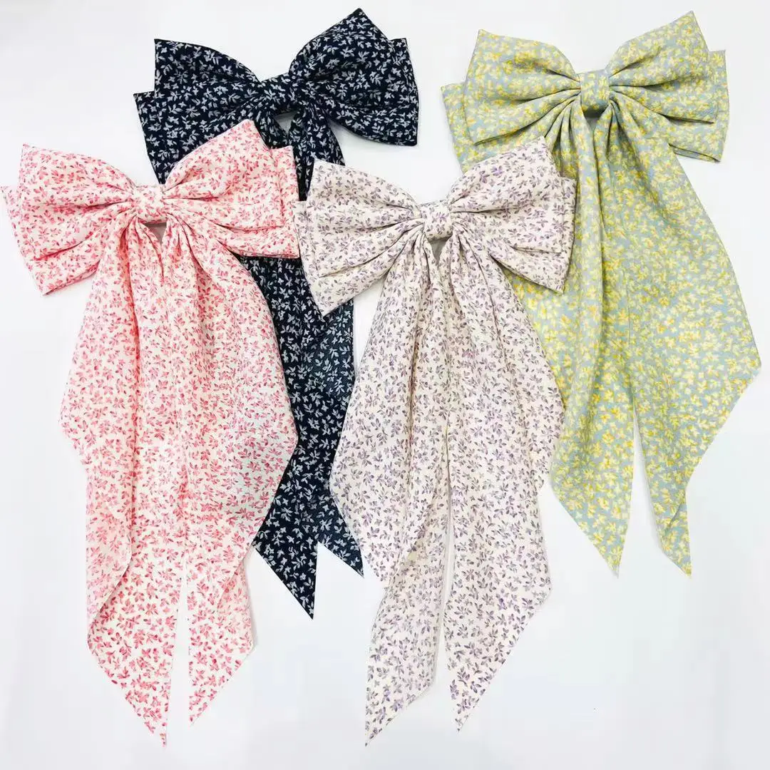 Spring Hair Bow for Women Flower Print Fabric Bow Hair Clip for Women Bows Hair Accessories