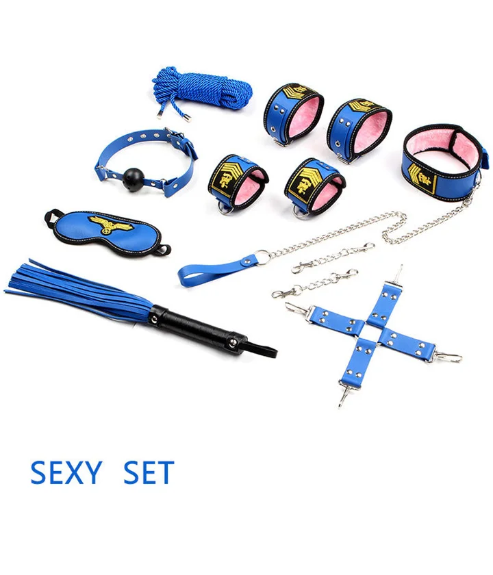 Fetish Play Airline Stewardess Handcuffs Collar Whip Rope Eye Mask Bondage Sex Toy Binding Set
