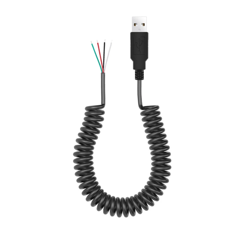 Retractable Spring Coiled USB 4 Core male 24awg OD 4mm Data Cable to Stripped Tin on the end Wire Open End spiral roll Cable