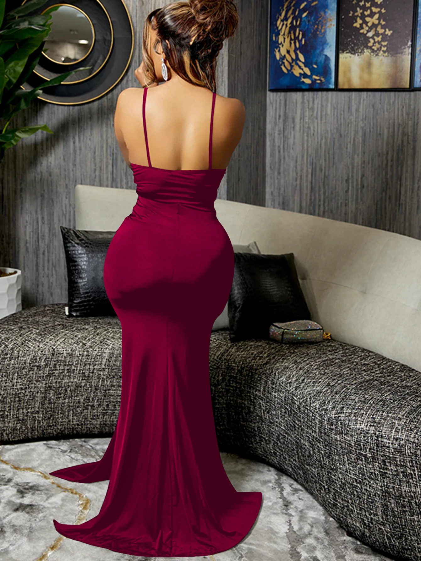bridal gowns wedding dress Burgundy elegant sexy V-neck Elegant Sling strap backless irregular dress Birthday Outfit For Women