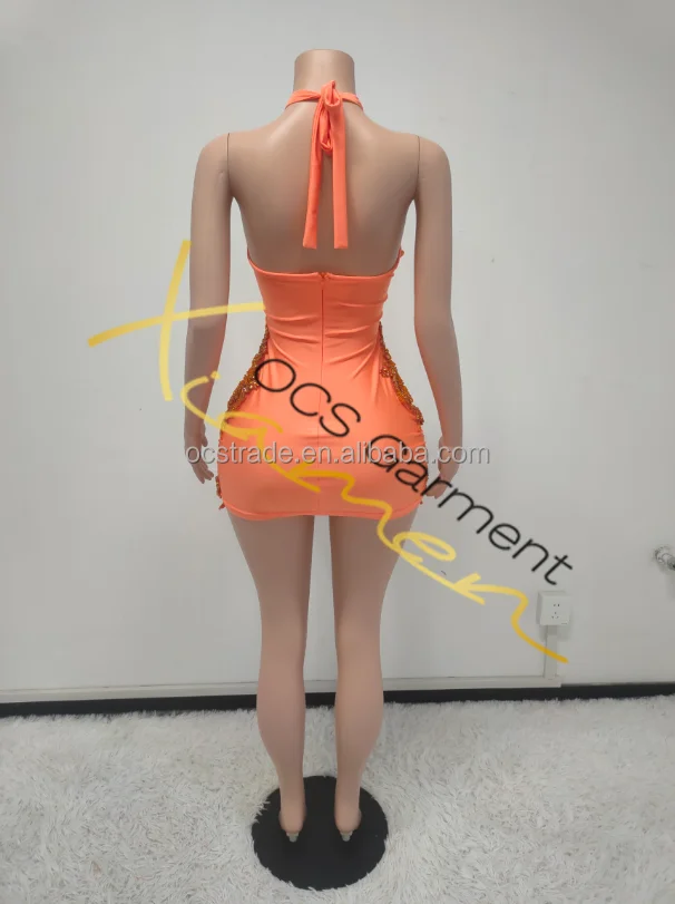 Ocstrade Luxury Handmade Halter Neck Orange Rhinestone Birthday Dress Woman Bling Sexy Party Club Dresses Sexy Women Clothing