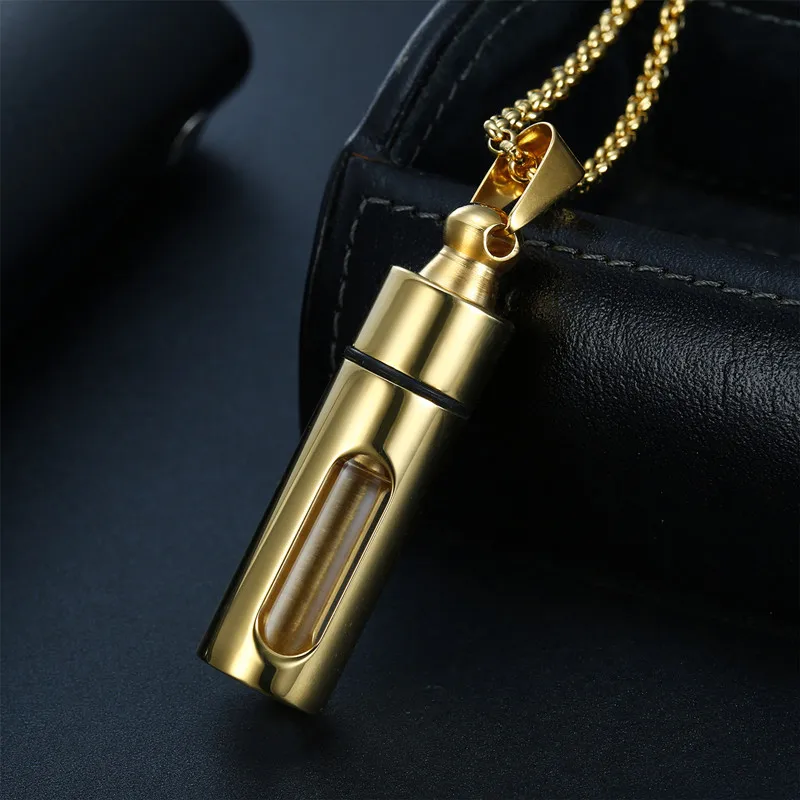 European and American Unisex Hip Hop Titanium Steel Perfume Bottle Incense Necklace Openable Put Oil Or Bone ash Gift Jewelry
