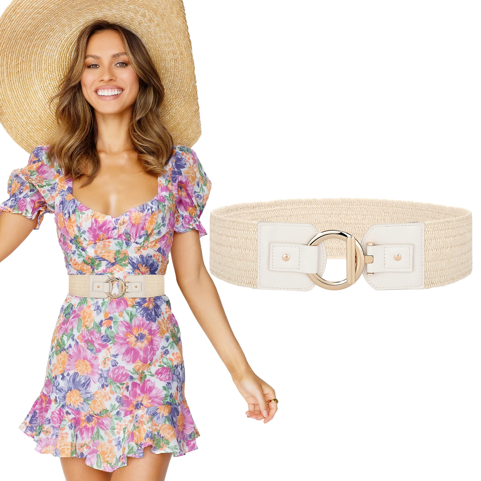 Chic Style Custom Sewing LOGO PP Grass Alloy Buckle Polypropylene Stretch Straw Wide Elastic Belts For Women