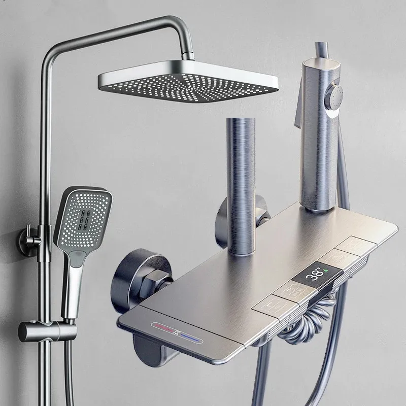 LED Digital Rain Shower Set Bathroom Hot Cold Mixer Shower System Bathtub Wall Mount SPA Rainfall Bath Tap Thermostatic Faucets