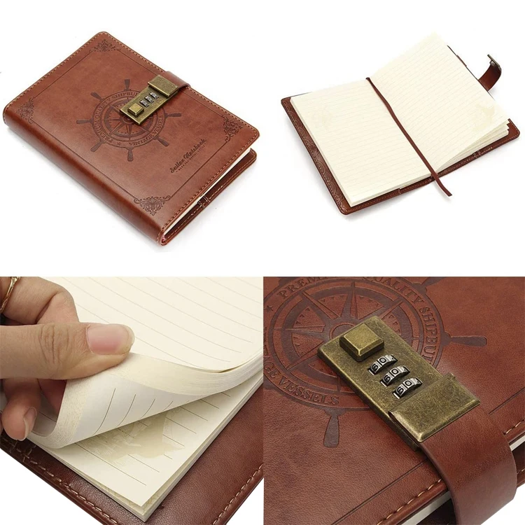 Gift Diary with code lock,Password Notebook Vintage , locking business diary planner pu Leather journal