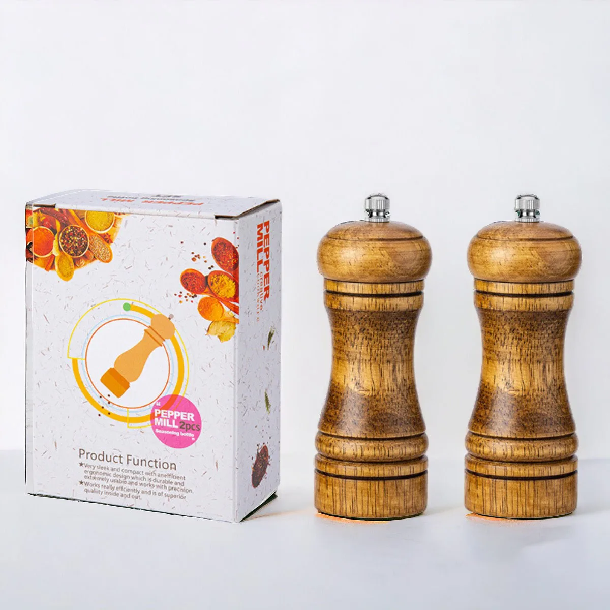 2024 Hot Sale Kitchen Tools 100% Nature Organic Wooden Spice Pepper Mill Custom Logo Manual Wood Salt and Pepper Grinder Set