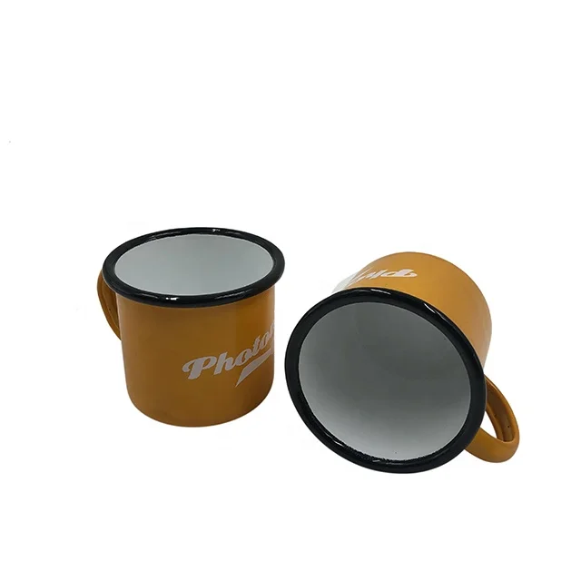 Logo printing custom enamel mug, custom steel enamel camping mug, white logo printing metal enamel cup