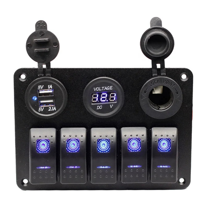 5 Gang Rocker Switch Panel ON Off LED Light Switch with 3.1A USB Digital Voltmeter Cigarette Lighter Socket