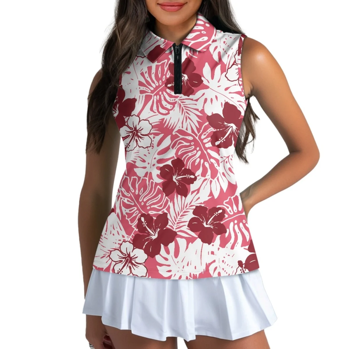 Summer Custom Sublimation Hawaii Hibiscus Print Sleeveless Golf Shirts 1/4 Zip Up Work Out Polo Tank Tops Women Pink Polo Shirt