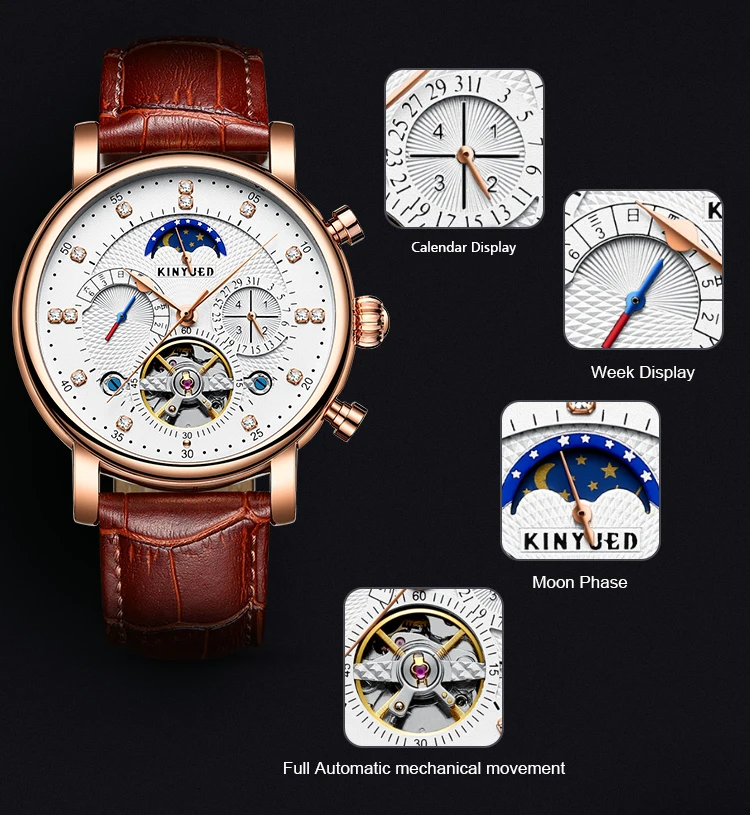 KINYUED Brand J025 White Dial Genuine Leather Watches Skeleton Moon Phase Waterproof Mechanical Men Wristwatches