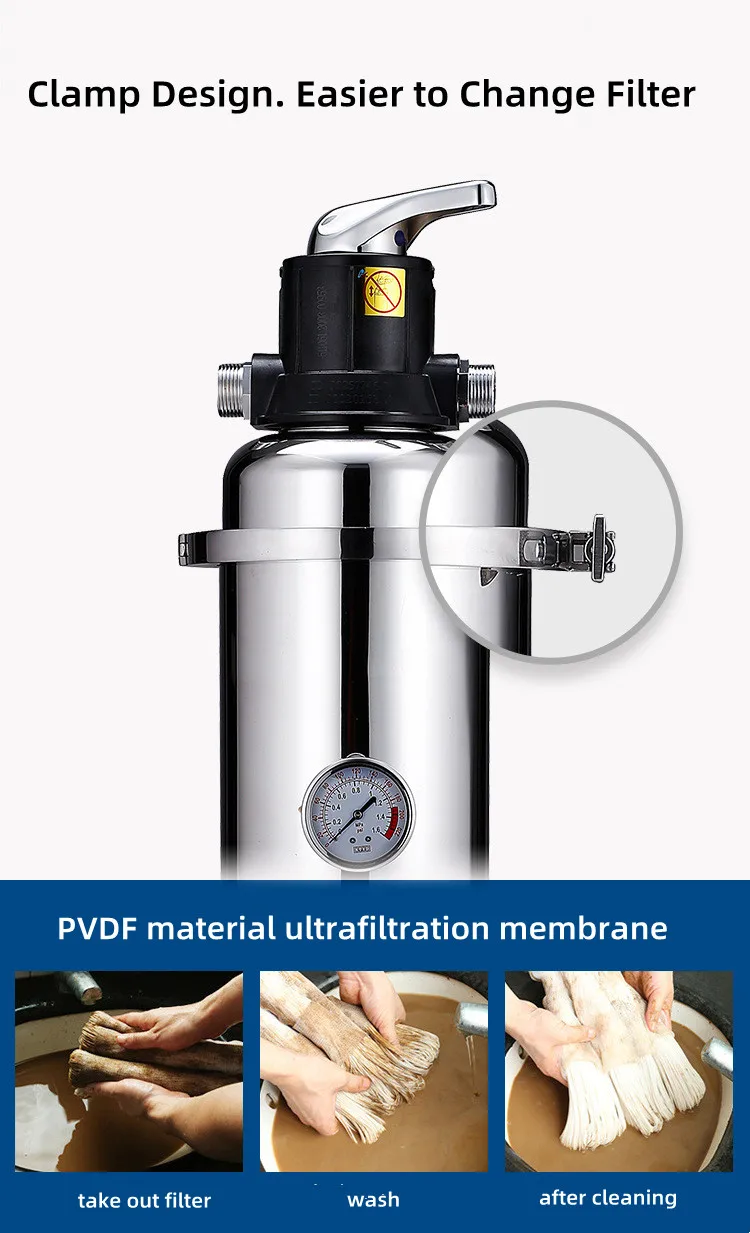 4000L commercial washable pvdf filter under sink 304 stainless steel tap water pressure gauge manual uf central water purifier