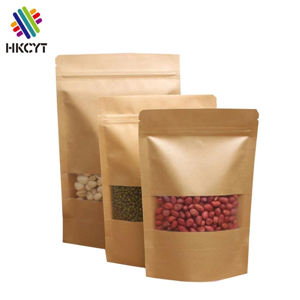 Stand upkraft paper mylar bags with zip lock window for snack,coffee,bacon,peanut