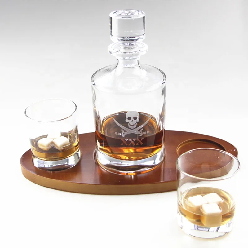 Engraved Custom Logo Whiskey Decanter and Glasses on Classic Wood Base Tray Gift Set for Sale Shot Glass CE / EU Square Stocked