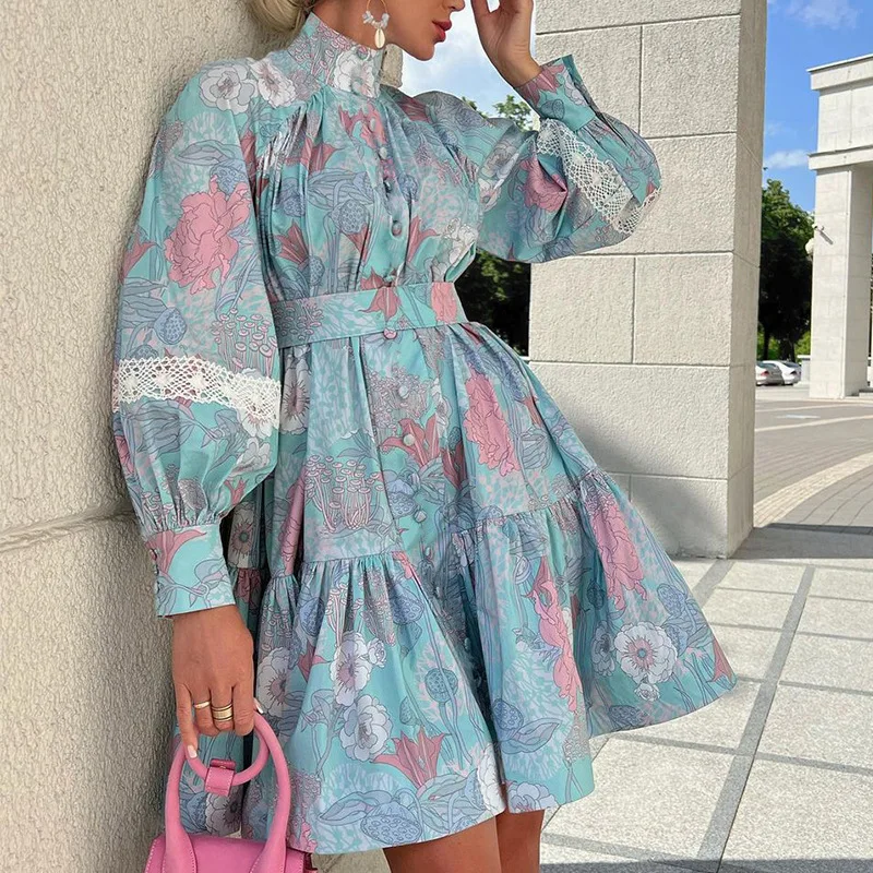 Puff Sleeve Printed Womens Dresses Elegant 2024 Trendy Plus Size Casual Swing Dress for Lady