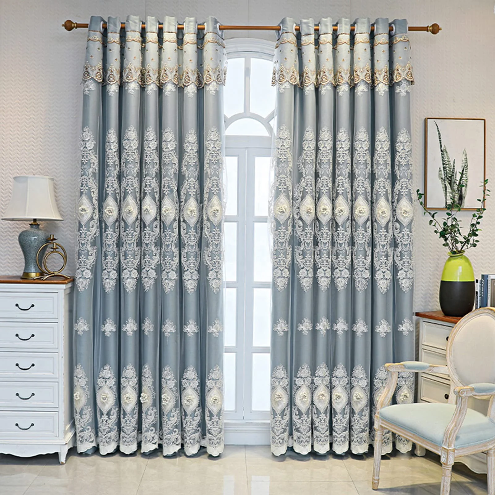 Custom ready made chenille window curtains and bedsheets with matching curtains for the living room embroidery
