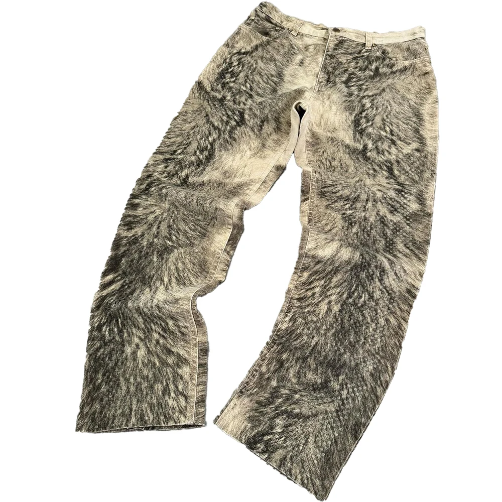 High Quality Straight Fit Animal Fur Camo Cargo Pants Multi-pocket Baggy Jeans Trousers Custom Wash Mens Pants