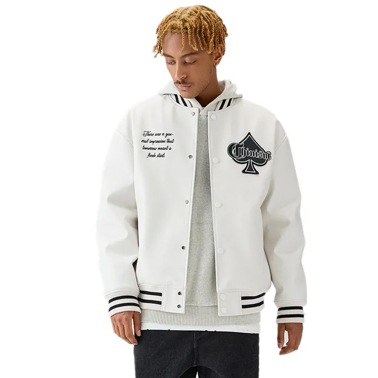 White Varsity leather Jacket Custom PU Leather Jacket For Men 2022 Wholesale Leather Bomber Jacket
