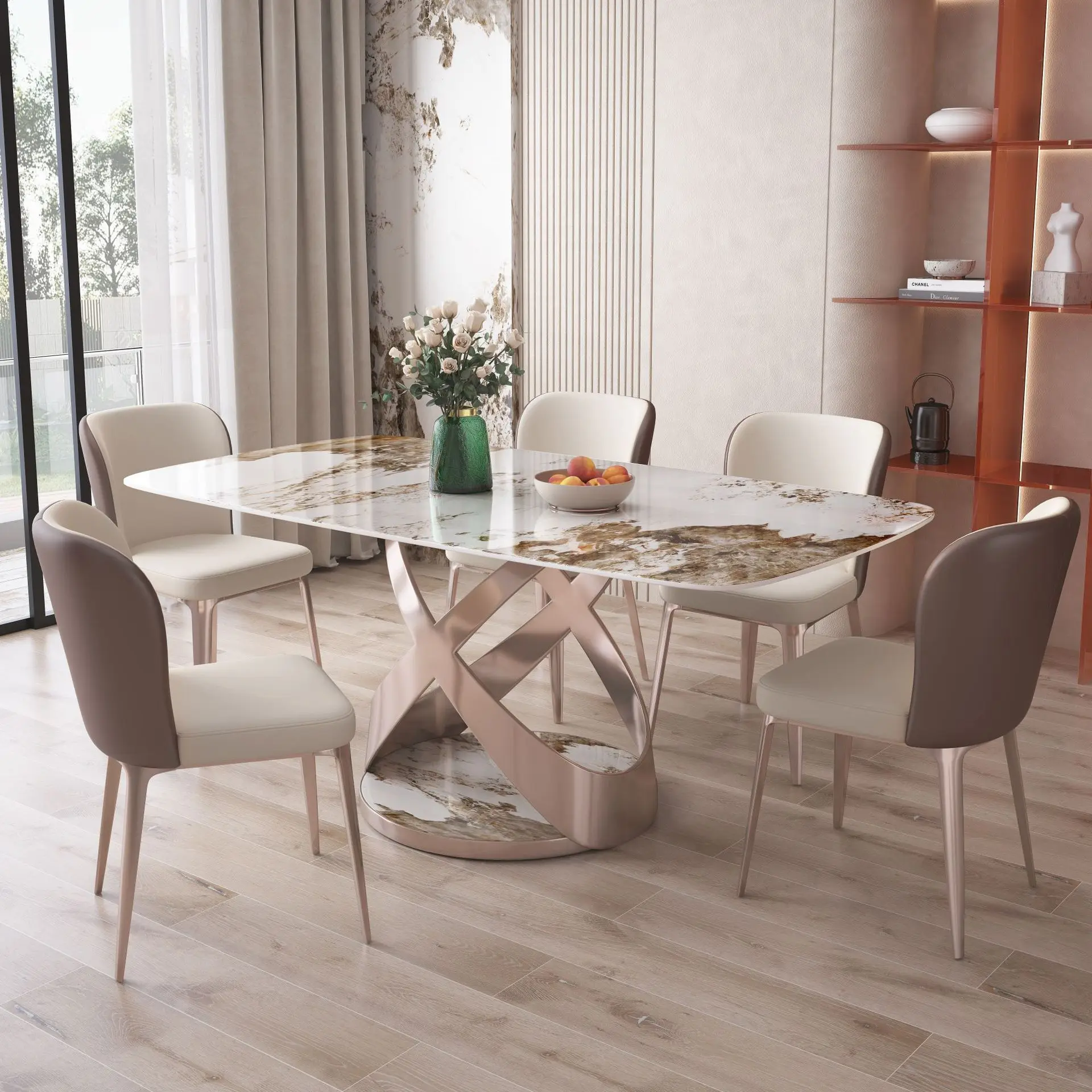 Modern Luxury Rectangular White Dinner Kitchen Dining Table with Rock Slab Stone Table Top and Metal Legs  for Dining Room
