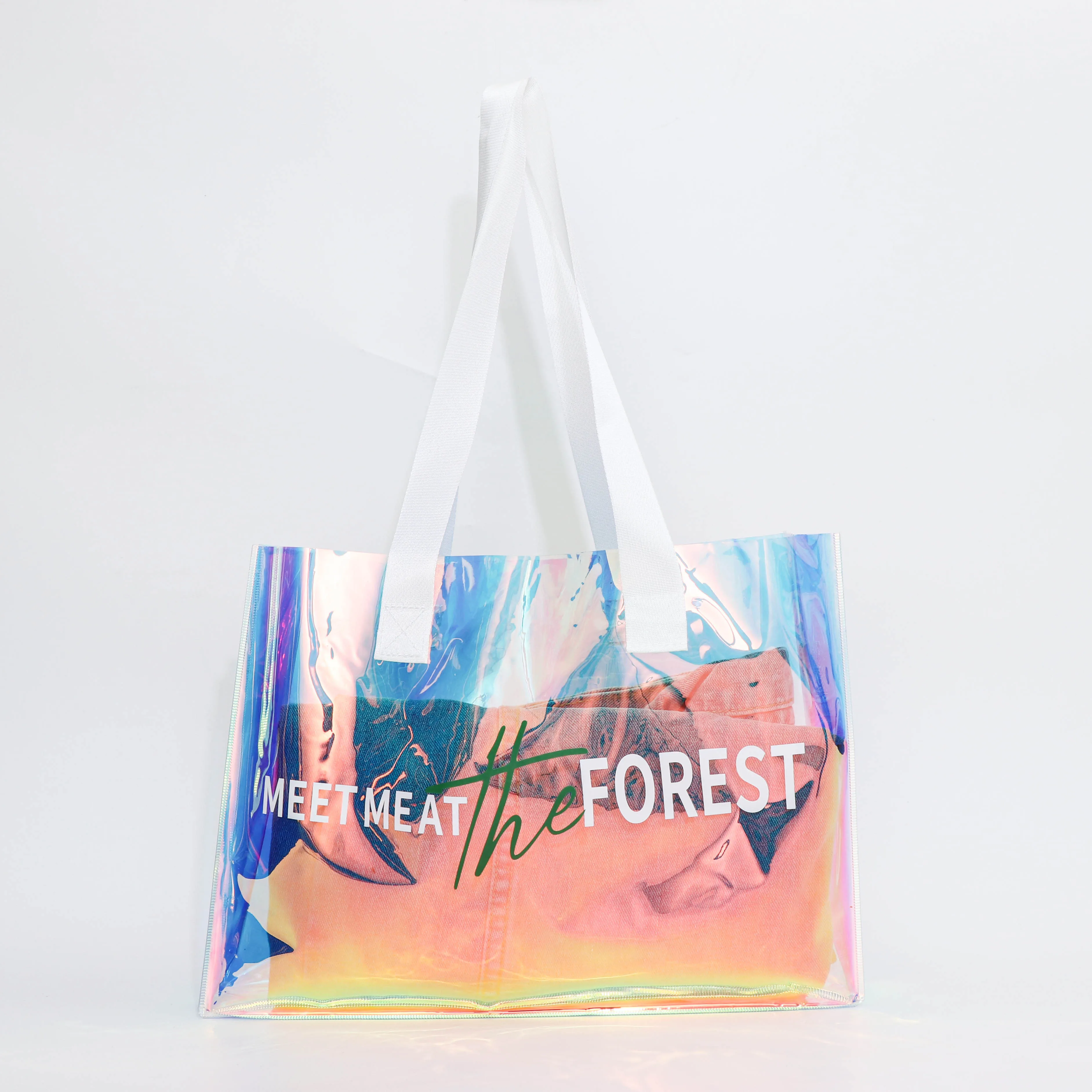 good price fashion handle pvc shopping bags womens shoulder plastic holographic tote with logo