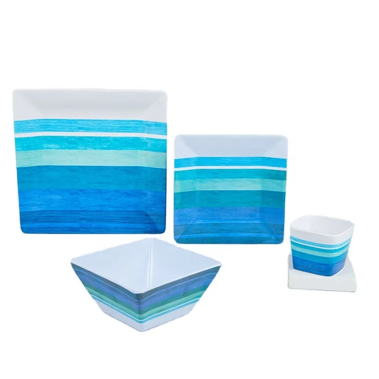 Outdoor Set Western Blue White Melamine Unbreakable Dinnerware Square
