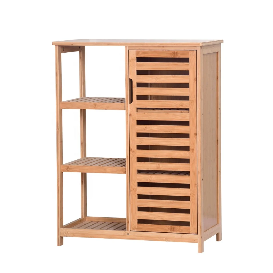Bathroom Storage Bamboo Floor Cabinet Organizer with Door 3-tier Open Shelf Multipurpose Closed Compartments Kitchen Living Room
