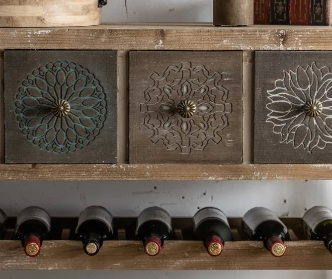 Vintage red wine rack Solid wood porch Floor to floor wine display rack Industrial style bar storage rack