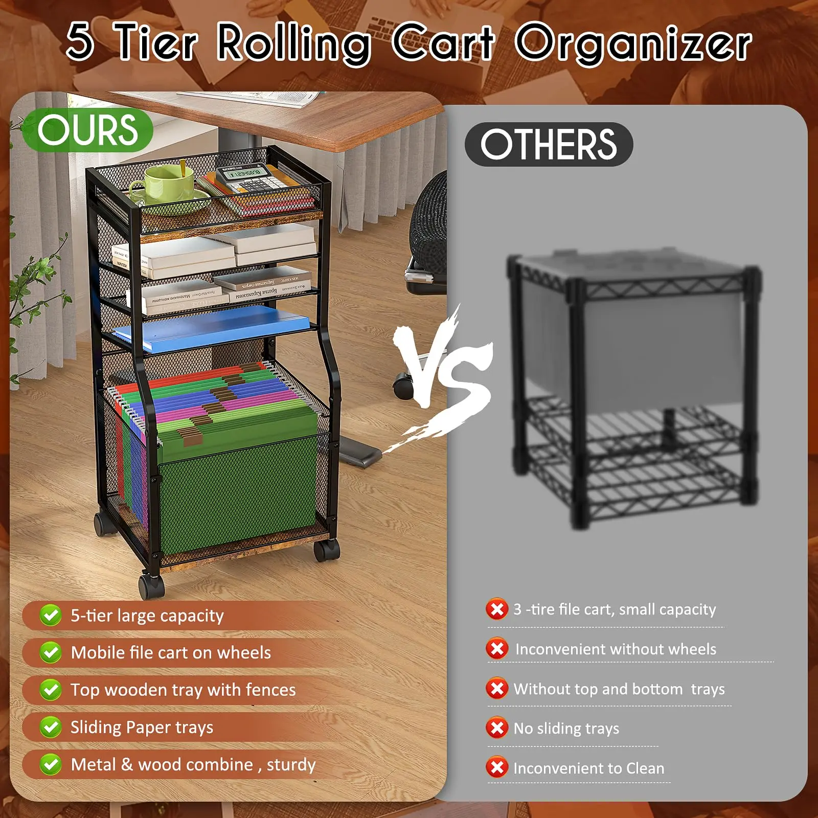 Custom 5-Tier Rolling File Cart Metal Standing Type with Hanging File Folders