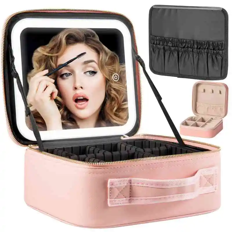 Cosmetic Bags Case with Mirror LED Light Synthetic Leather Make up Tools Jewelry Gift Storage Boxes Waterproof Travel Makeup Bag