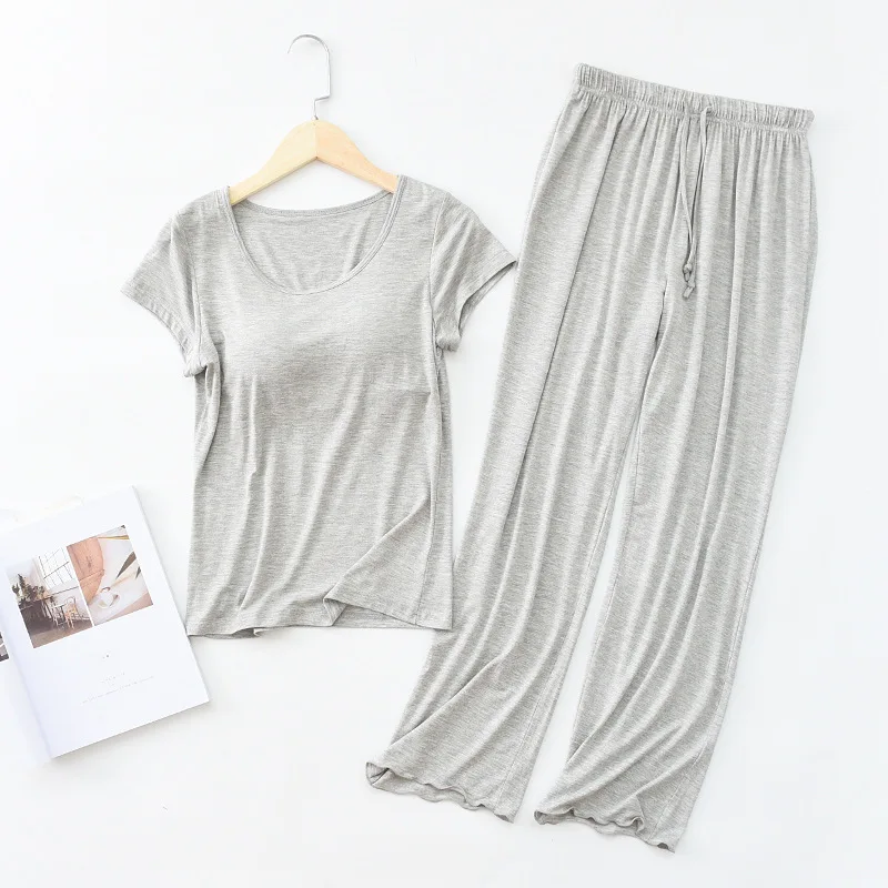 
Wholesale Womens Full Length Pajamas Short Sleeve Padded Top Long Pants Pajama Sets Women Sleepwear 